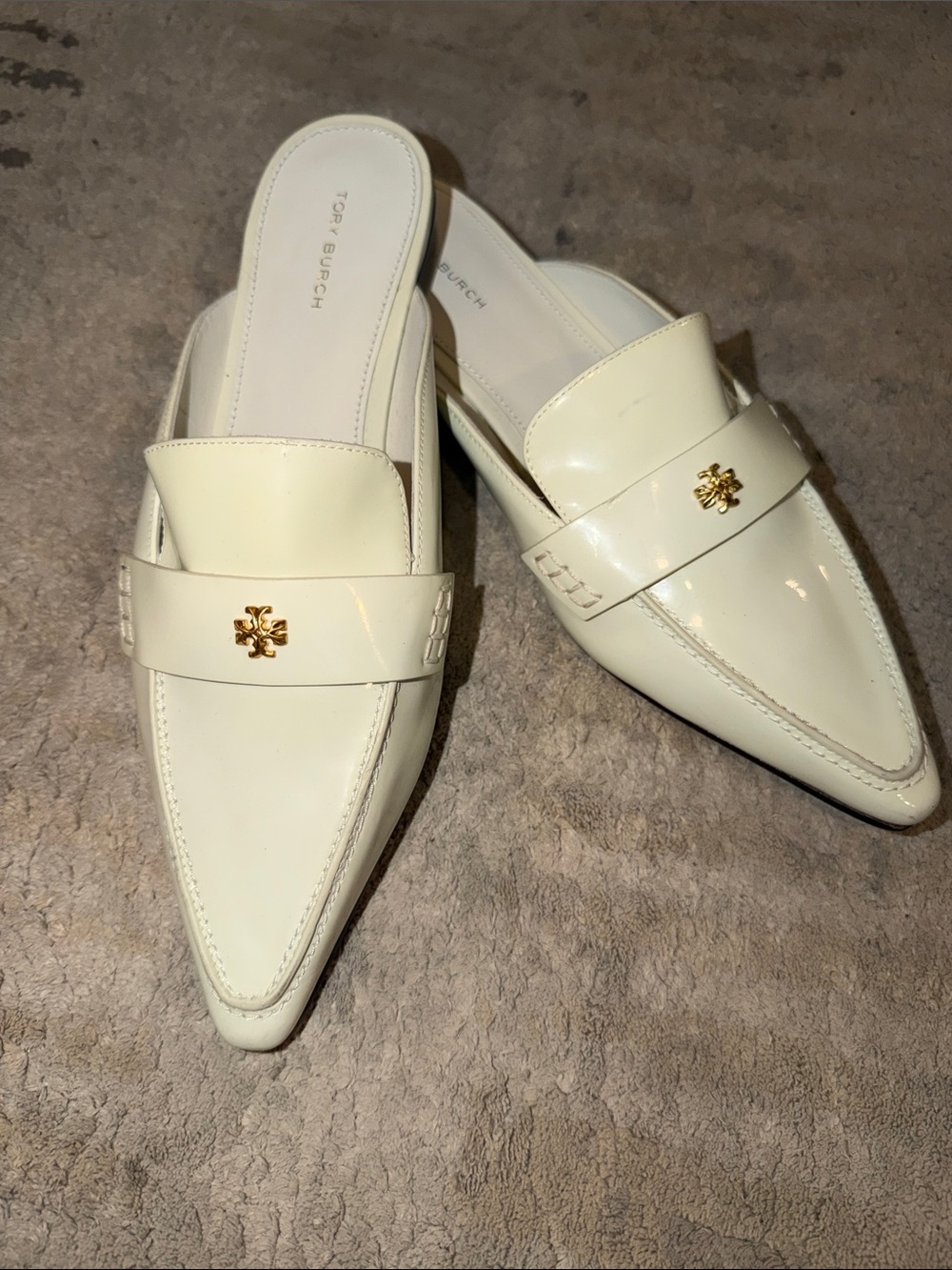 Tory Burch Cream Patent Leather Pointed-Toe Slide Loafers